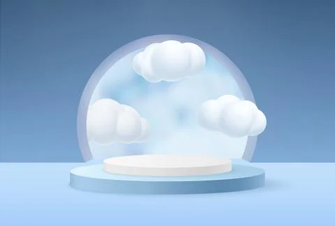 3d abstract stand. Studio with empty podium, clouds and wall with spotlight i Stock Illustration