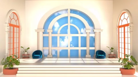 3D abstract stylish inviting space room with blue sky clouds through a mode.. Stockbeeldmateriaal 317645316