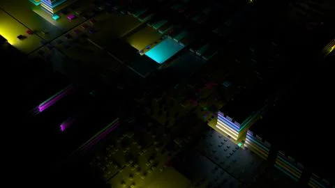 3d abstract technology background. Complex block structure with random lights Illustrazione stock