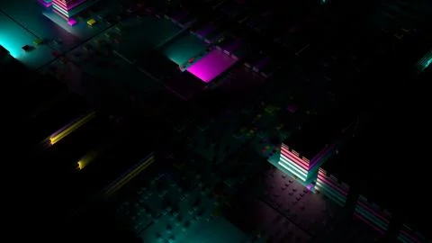 3d abstract technology background. Complex block structure with random lights Illustrazione stock