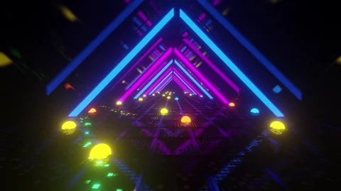 3D abstract of a triangle shape tunnel with colorful neon lights glowing in Stock Footage 254889456