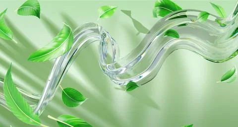 3d abstract water flow of transparent liquid wave with flying leaf and plant Stock Illustration