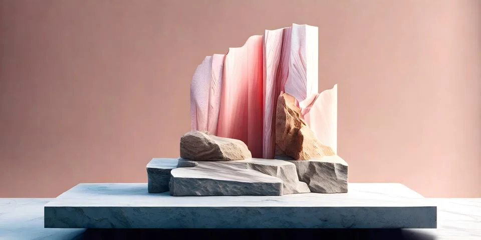 3D Abstract. White flat stone podium showcases with natural red stone shapes Stock Illustration