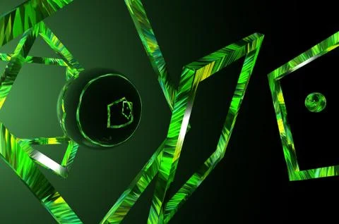 3D abstraction with chaotically arranged frames and spheres in green light Stockillustratie