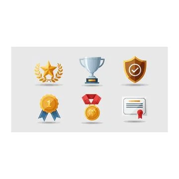 3D achievement icons set with trophy shield star and certificate Stock Illustration