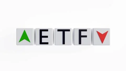 A 3D acronym "ETF" between bullish green and bearish red indicator blocks. Stock Illustration