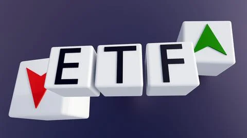 A 3D acronym "ETF" between bullish green and bearish red indicator blocks. Stock Illustration