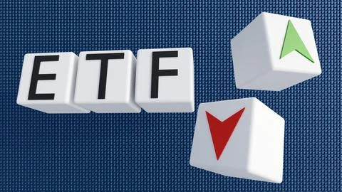 A 3D acronym "ETF" between bullish green and bearish red indicator blocks. Stock Illustration