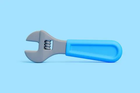 3D adjustable wrench with blue handle lying on blue background, repair tool Stock-Illustration