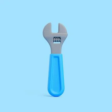 3D adjustable wrench with blue handle on blue background, minimal tool design Ilustração Stock