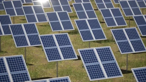 3d aerial drone render view of Solar Panels farm animation. Alternative Green En Stock Footage 234919379