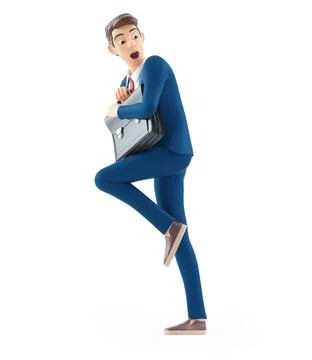 3d afraid cartoon businessman holding briefcase Stock Illustration