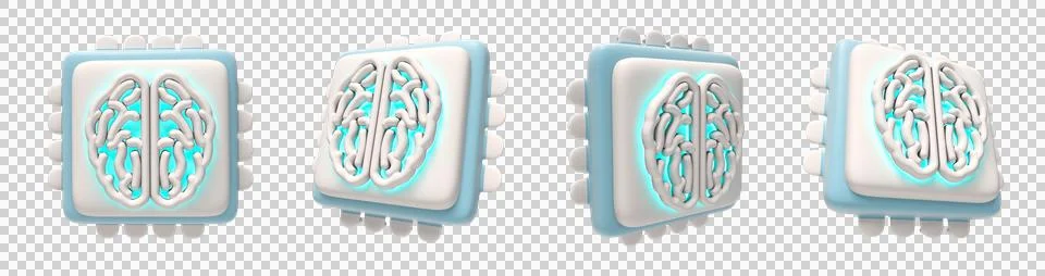 3D AI Brain Chip Icon with Neon Light イラスト素材