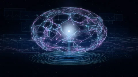 3D AI Brain Concept with Mesh Sphere, HUD Analytics, and Neural Pathways Stock Footage 340529347