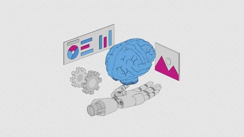 3D AI Brain with Robotic Hand and Business Analytics Dashboard Animation Stock Footage 340815316
