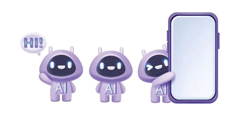 3D AI chat bot icon set, vector cute cartoon artificial intelligence robot Stock Illustration