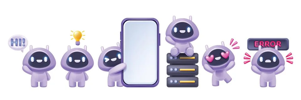 3D AI chat bot icon set, robot character, vector cute cartoon イラスト素材