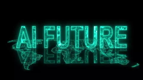 3d AI future text technology earth map cyan glowing Foto stock
