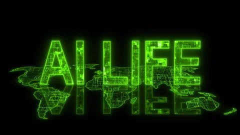 3d AI life text technology earth map green glow Stock Illustration