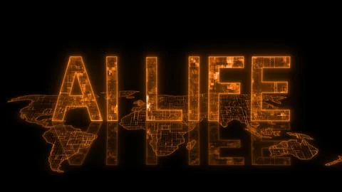 3d AI life text technology earth map orange glow Stock Illustration