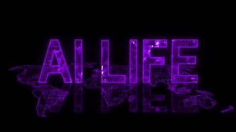 3d AI life text technology earth map purple glow Stock Illustration