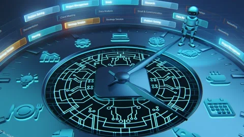 3D AI Robot on Glowing Circuit Clock with Task Labels Time Management and Stock Footage 333699667