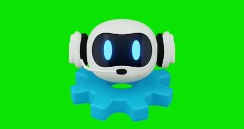 3D AI Robot with Headset Rotating on a Blue Gear Futuristic Animation Stock Footage 303133545