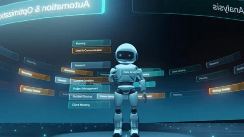 3D AI Robot Managing Task Cards for Automation and Optimization on Futuristic 스톡 동영상 333699664