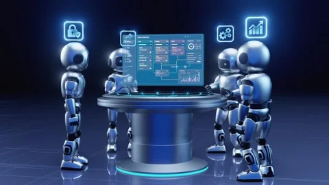 3D AI Robot Team Collaborating Around Holographic Project Dashboard with Vídeo Stock 333699633