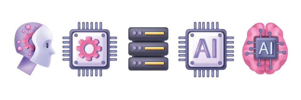 3D AI technology icon set vector digital innovation process design 스톡 일러스트