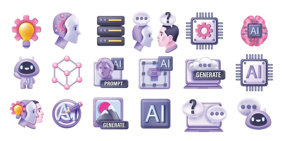 3D AI technology icon set digital innovation process vector design Illustrazione stock