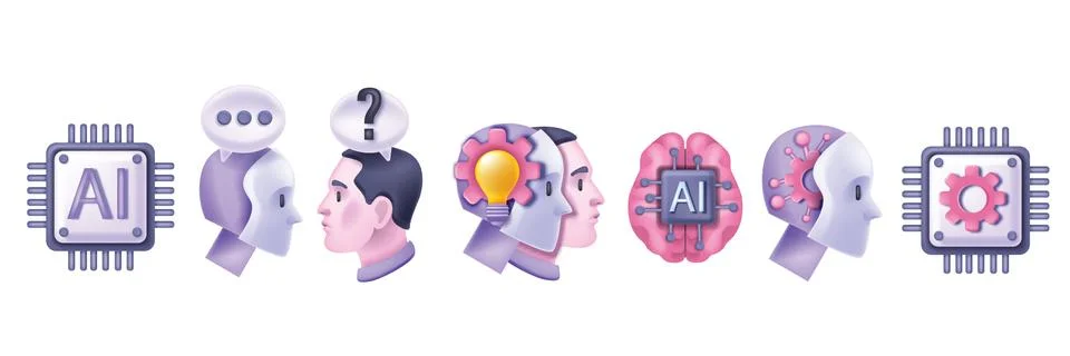 3D AI technology icon set innovation process artificial intelligence Illustrazione stock