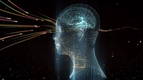 3D AI Wireframe Head with Digital Flow Stock Footage 300524680