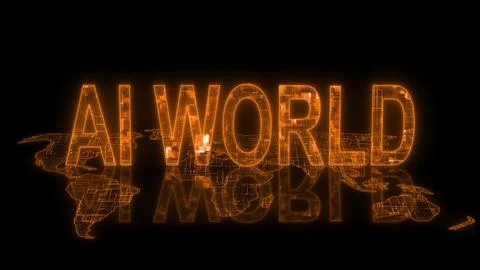3d AI world text technology earth map orange glow Stock Photos