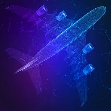 3d airplane. Abstract top view wireframe. Digital airliner and world map concept Illustrazione stock