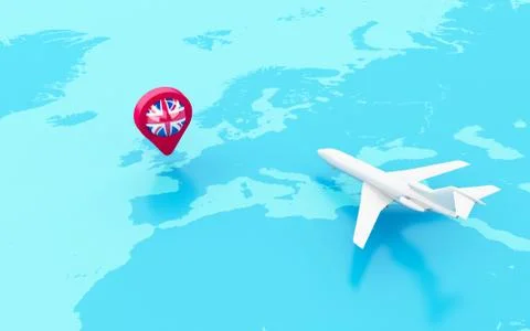 3D Airplane and map pointer with flag of united kingdom. Illustrazione stock