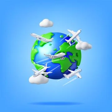 3D Airplane in Clouds and Globe Isolated Stock Illustration