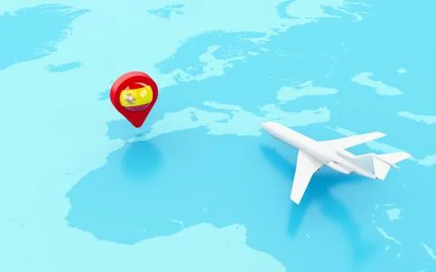 3D Airplane flying and map pointer with Spain flag. 스톡 일러스트
