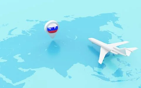 3D Airplane flying and map pointer with Russia flag. Stock Illustration