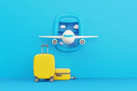 3D Airplane flying in clouds with suitcase on blue background, Tourism and .. Stock Illustration