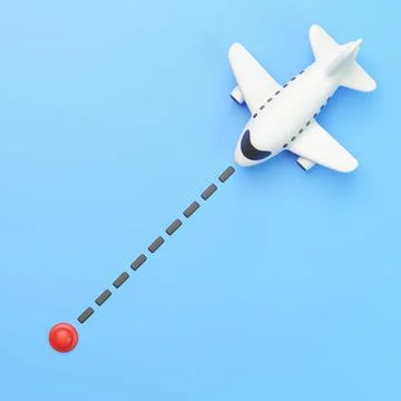 3D Airplane Flying Route to Red Destination Point on Blue Background Stock Illustration