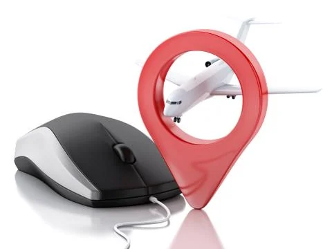 3d airplane, map pointer and computer mouse. Stock Illustration