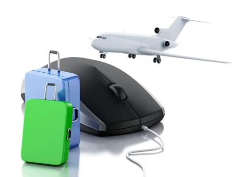 3d Airplane, suitcase and computer mouse. Travel concept. Illustrazione stock