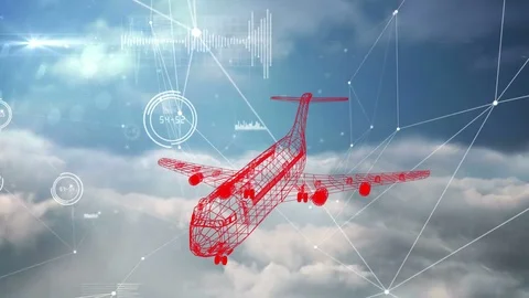 3D airplane technical drawing with network connection over clouds Stock Footage