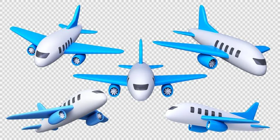 3D airplanes from different angles. Symbol of air transport and travel by pla Illustrazione stock