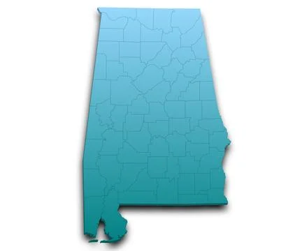 3d Alabama Map state with counties and color. AL map, outline and blank map.. Stock Illustration