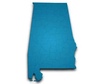3d Alabama Map state with counties and color. AL map, outline and blank map.. Stock Illustration
