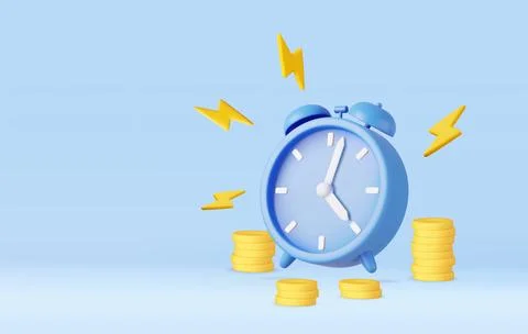 3d Alarm clock ringing and coins stack. Illustrazione stock