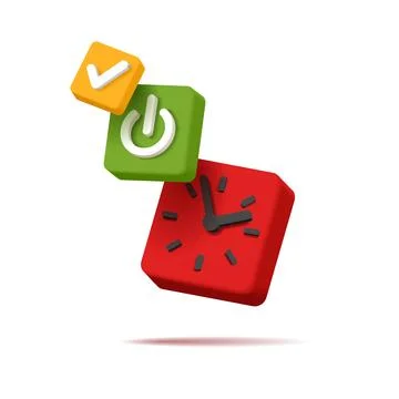 3d alarm clock, square shape with power button and check mark イラスト素材