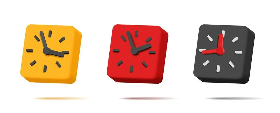 3d alarm clock, square shape with 12 hours and pointer arrows, volume shapes Stock Illustration
